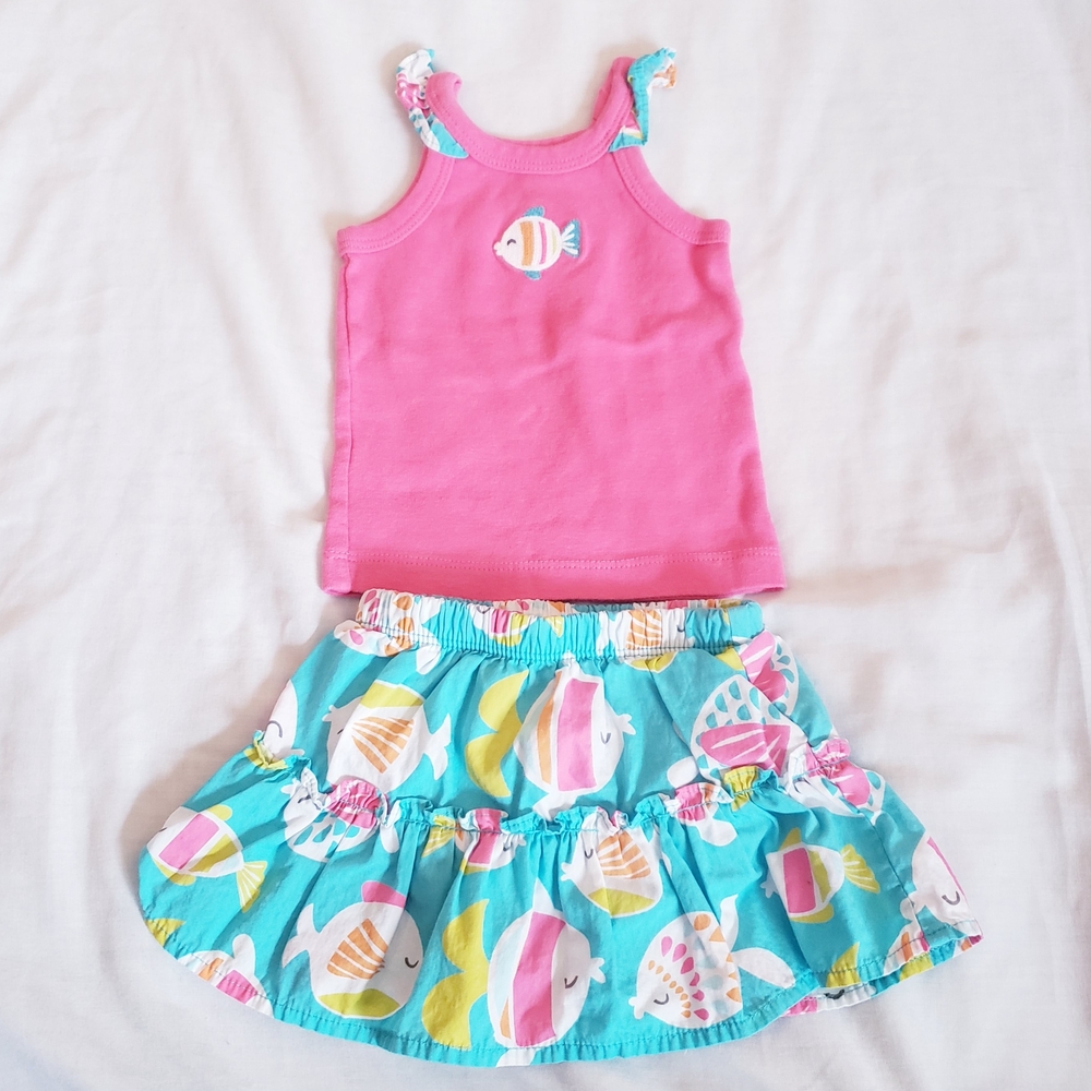 Carter's Pink Tank Top with Aqua Fish Print Skirt Kids Matching Set